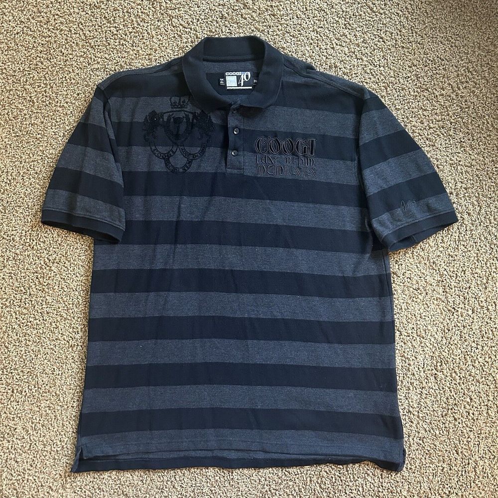 Coogi Mens Activewear Polo Shirt Black Gray Striped Short Sleeve Big & Tall‎ 3XL